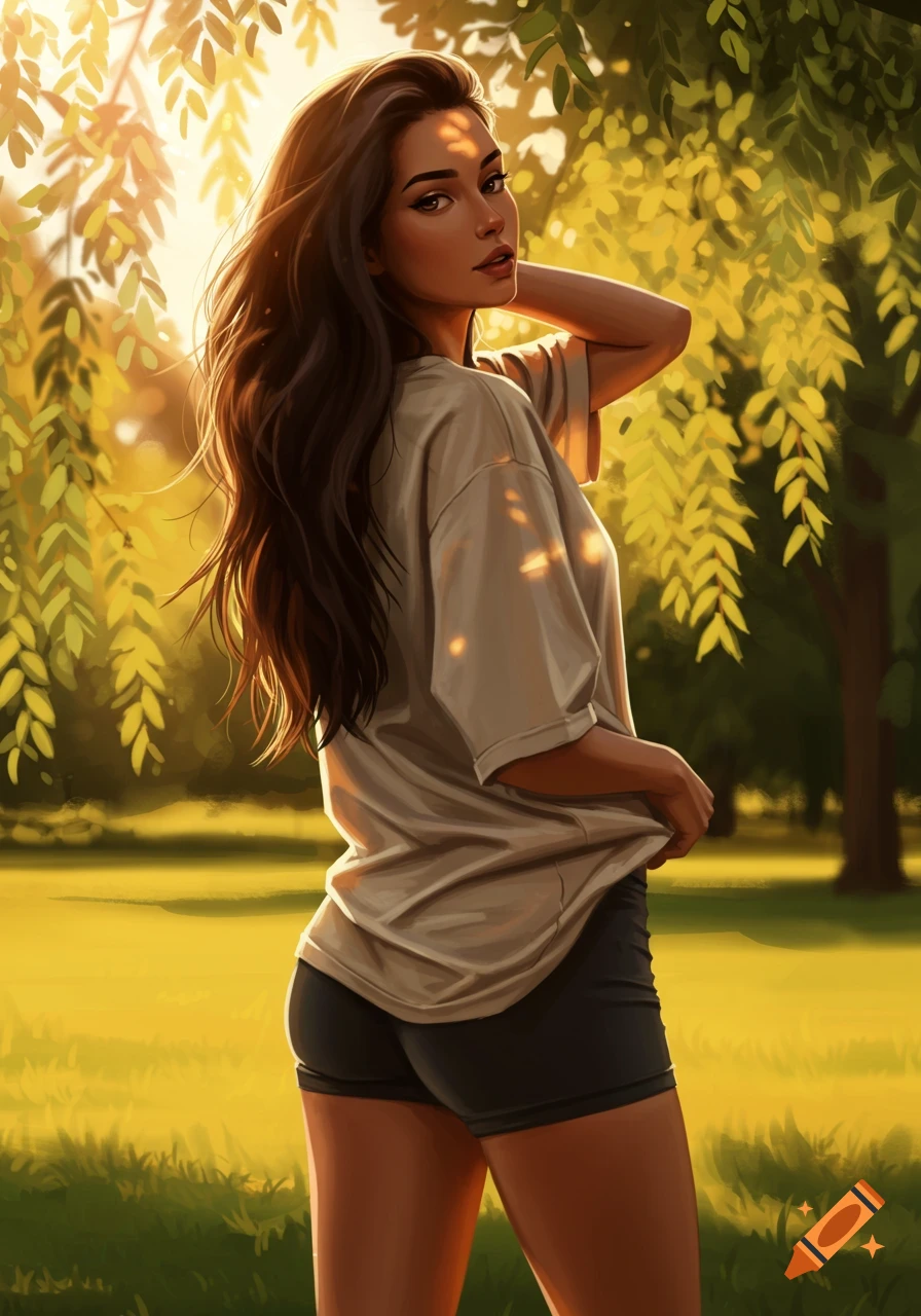 Digital painting of a woman with long dark hair in an oversized t-shirt and shorts, looking back over her shoulder in a sunny park.