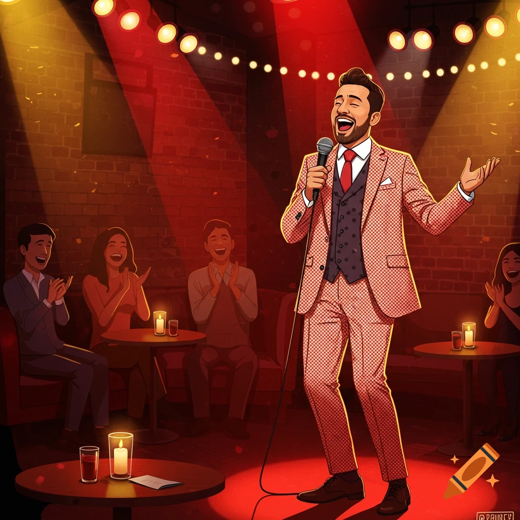 An illustrative image of a male comedian performing stand-up on a spotlighted stage in a dimly lit club as the audience claps.