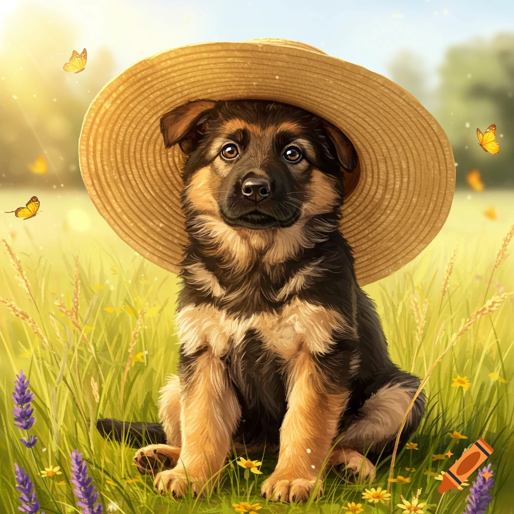An illustrated German Shepherd puppy wearing a straw hat sits in a sunny field with flowers and butterflies.
