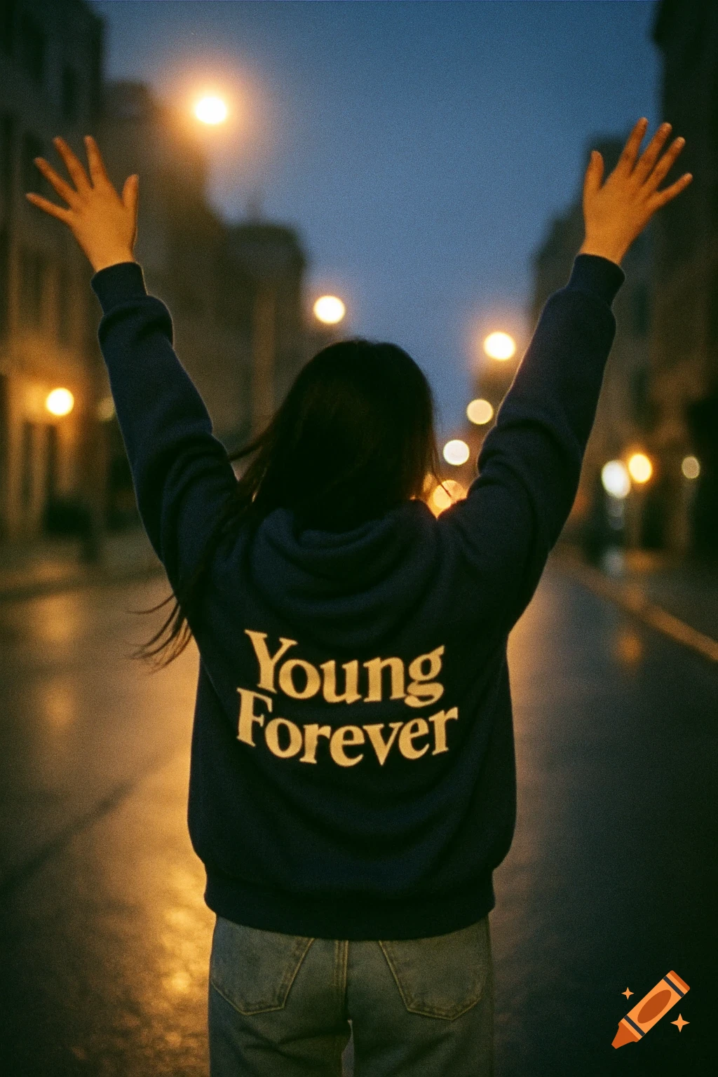Person with arms raised on an evening street, wearing a blue 'Young Forever' hoodie. Grainy, retro image.