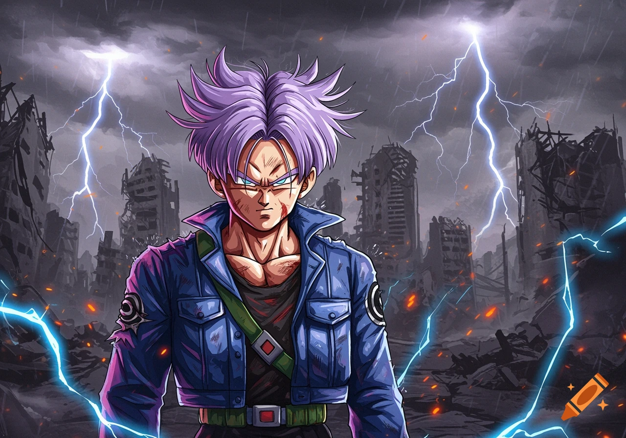 Future Trunks with purple hair stands determinedly in a ruined city under a lightning-filled sky, anime style.