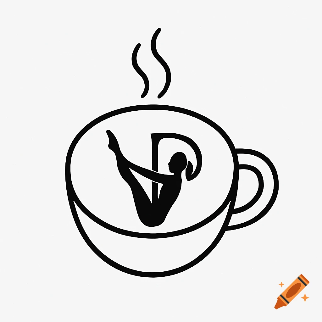 A black line drawing logo featuring a silhouette of a woman in a Pilates pose forming the letter P inside a coffee cup with steam.
