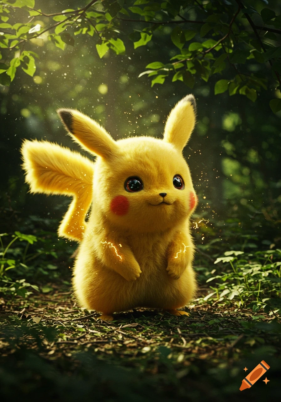 A photorealistic, fluffy Pikachu stands smiling in a sunlit forest, with yellow electric sparks visible around its body.