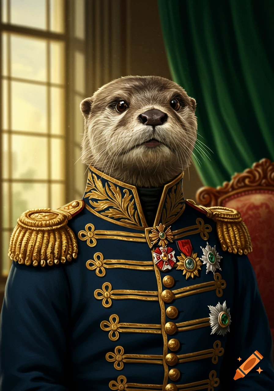 A detailed portrait of a distinguished otter in a blue and gold Victorian-era military uniform, against a blurred indoor background.