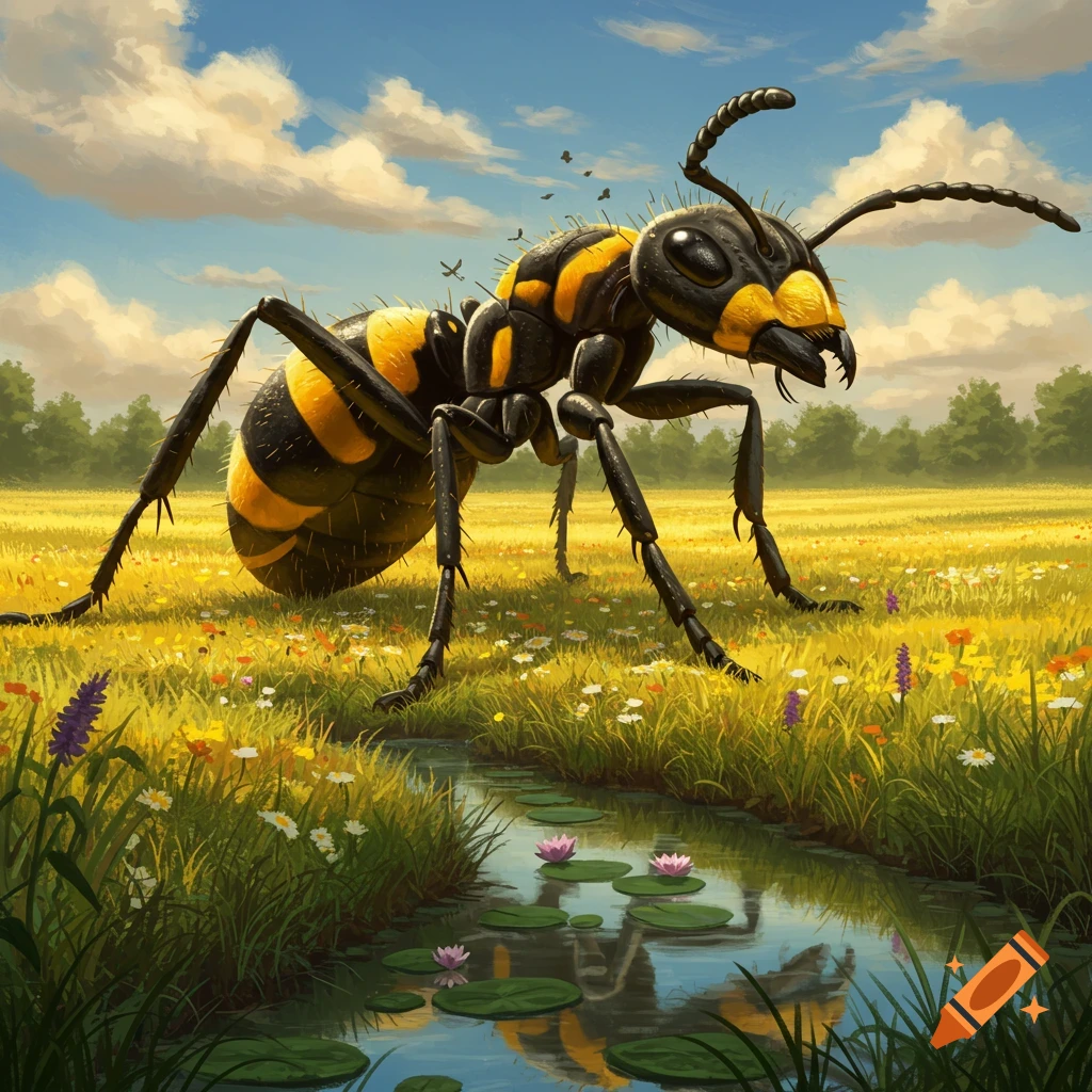 A giant black and yellow striped ant stands in a vibrant green and yellow field with a small stream and water lilies under a blue sky.