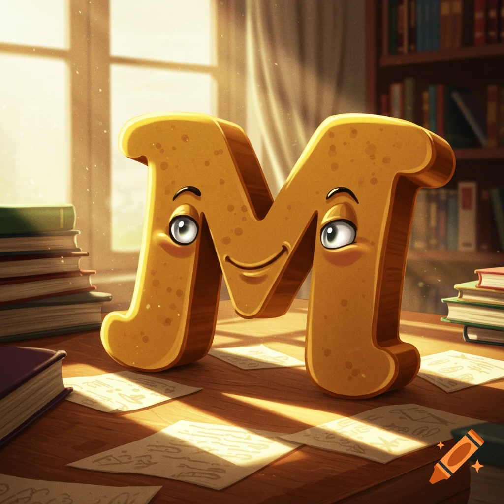 A mischievous cartoon letter M with a smiling face and big eyes sits on a wooden desk with papers and books in a sunlit room.