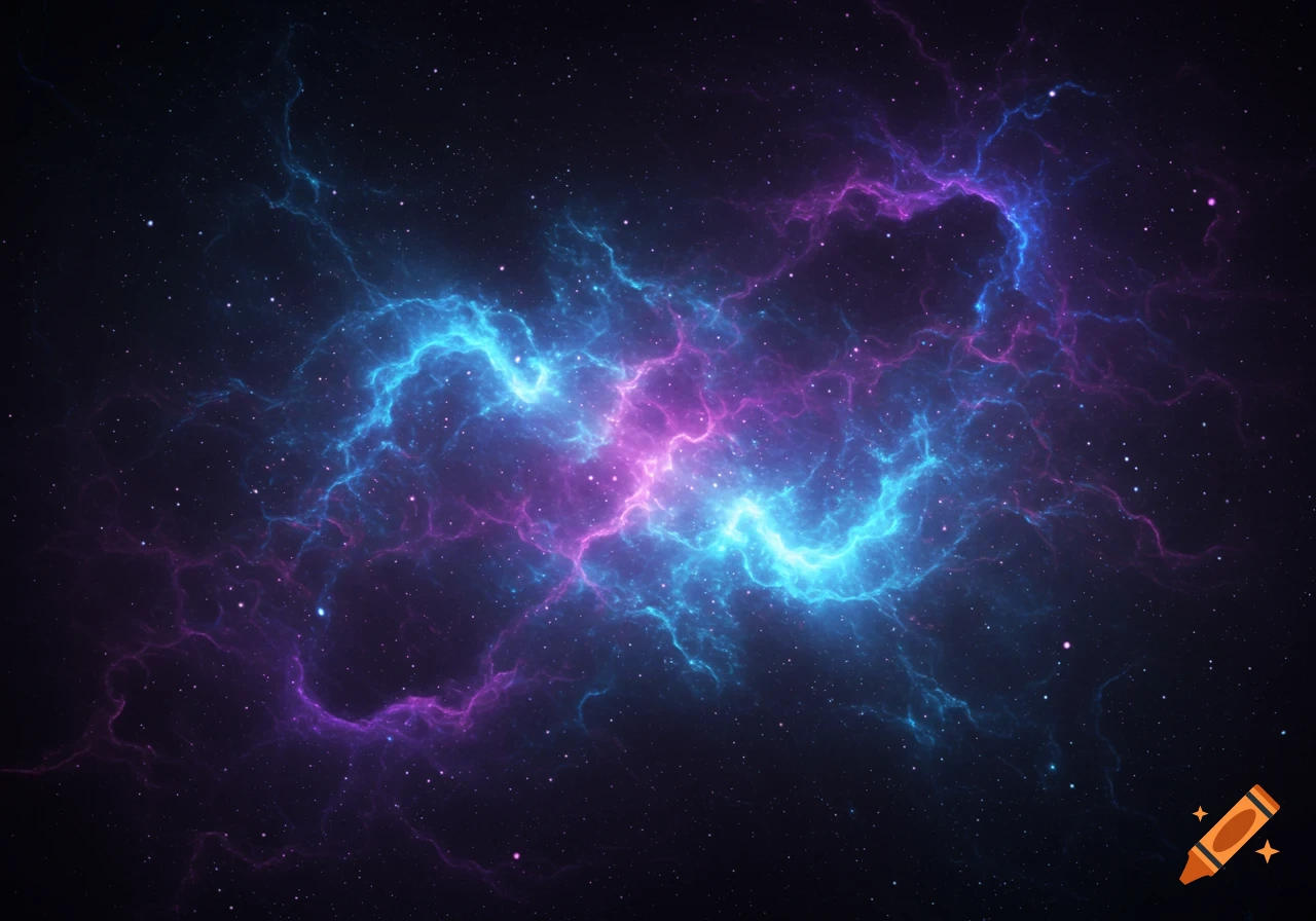 A vibrant blue and purple nebula with lightning-like energy flows against a dark, star-filled cosmic background.