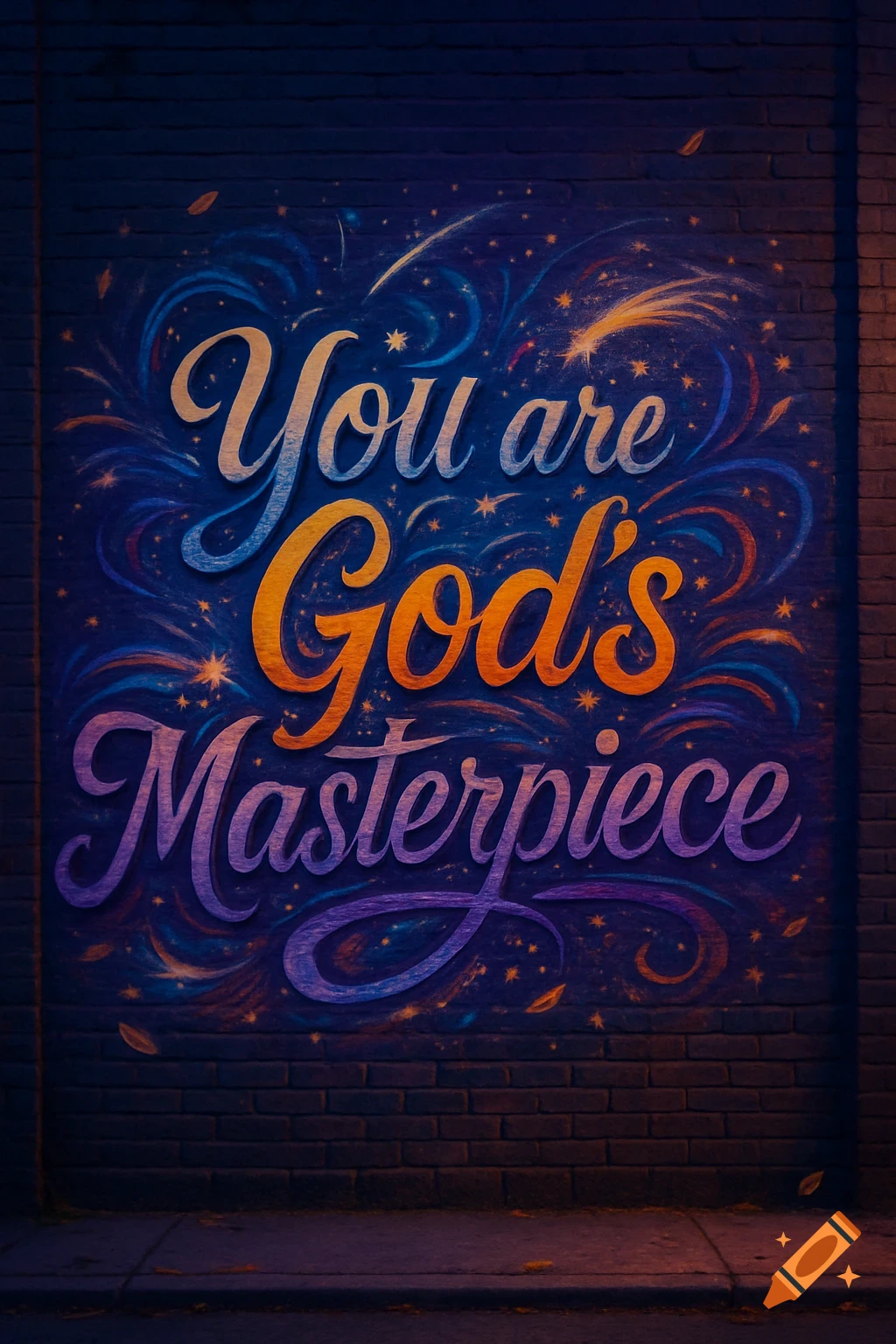 A vibrant graffiti mural on a dark brick wall reads 'You are God's Masterpiece' in colorful script, illuminated by a warm glow.