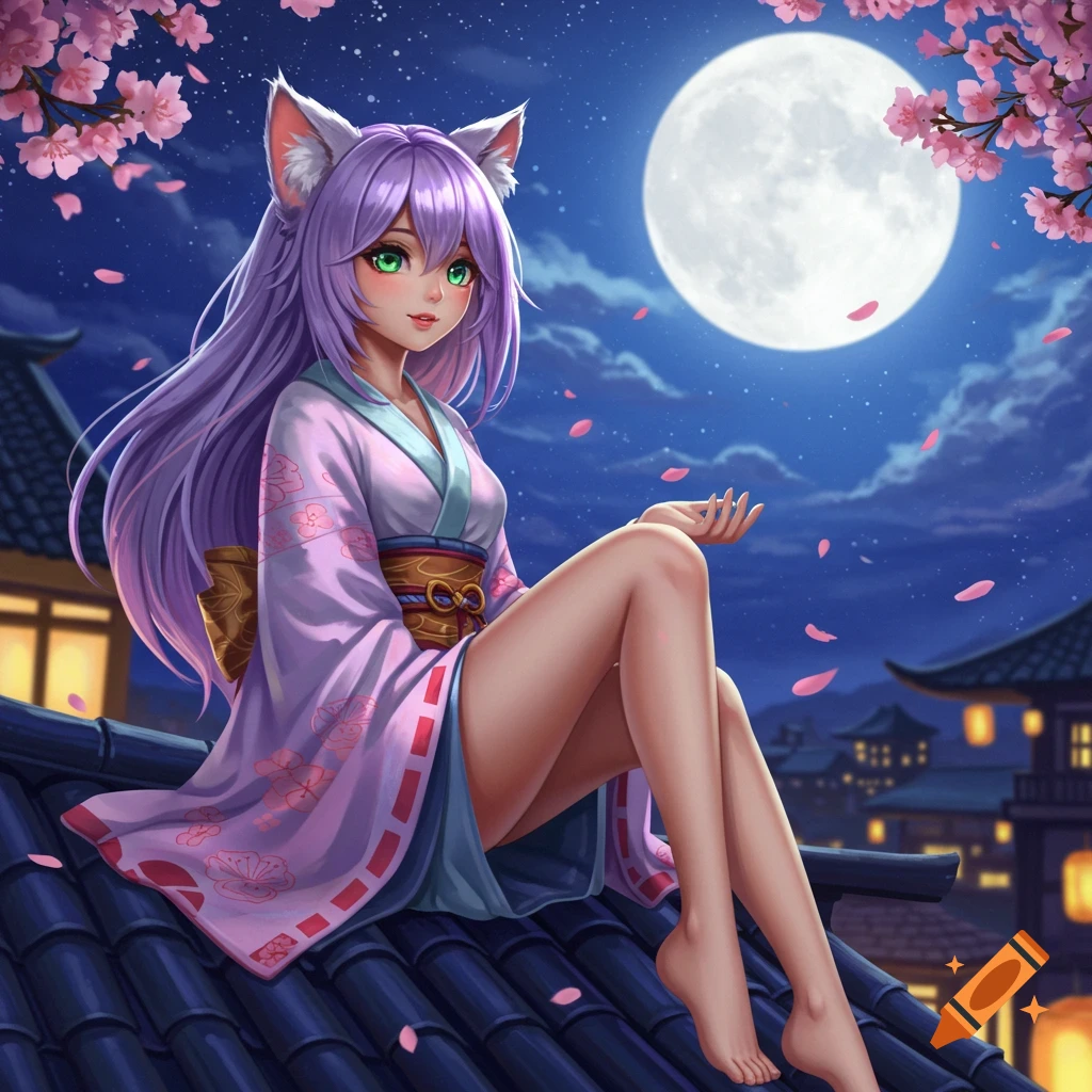 An anime neko girl with purple hair and green eyes sits on a dark roof under a full moon, surrounded by pink cherry blossoms.