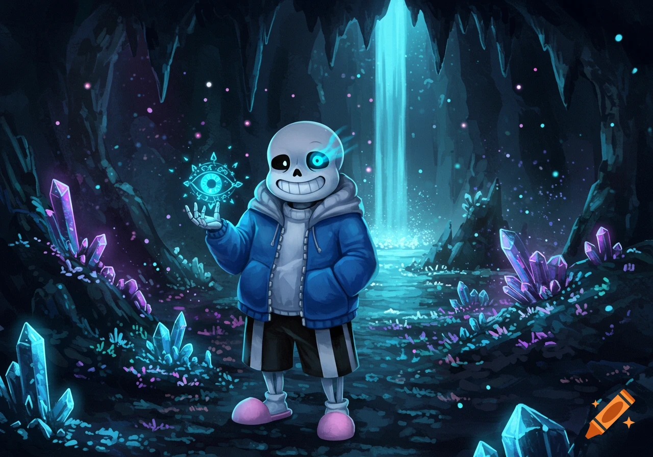 Sans, a skeleton in a blue hoodie, stands smiling in a glowing cave with blue crystals and a waterfall, holding a magic eye symbol.