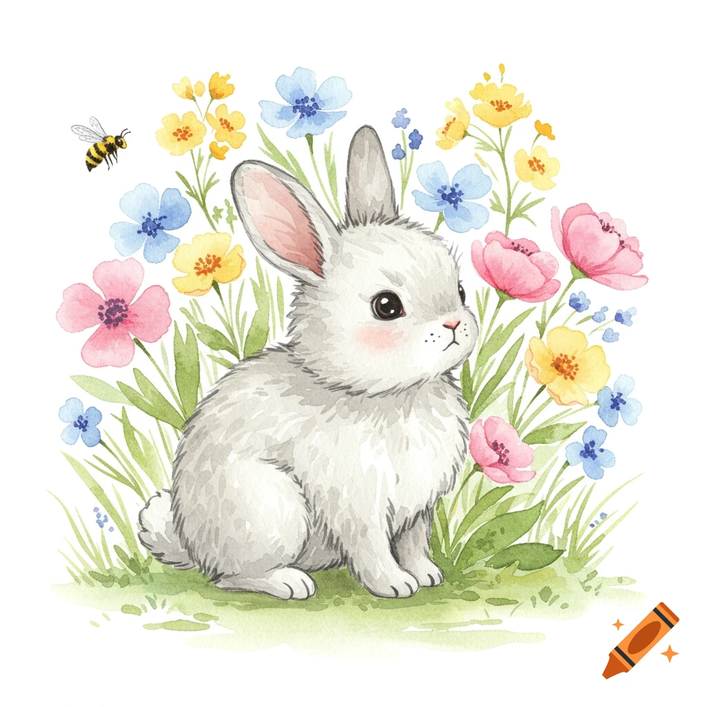 Watercolor drawing of a cute white bunny sitting among colorful pink, blue, and yellow flowers with a bee flying nearby.