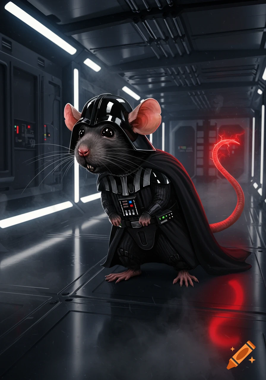 Photorealistic image of a rat dressed as Darth Vader, with a glowing red tail, standing in a spaceship corridor.