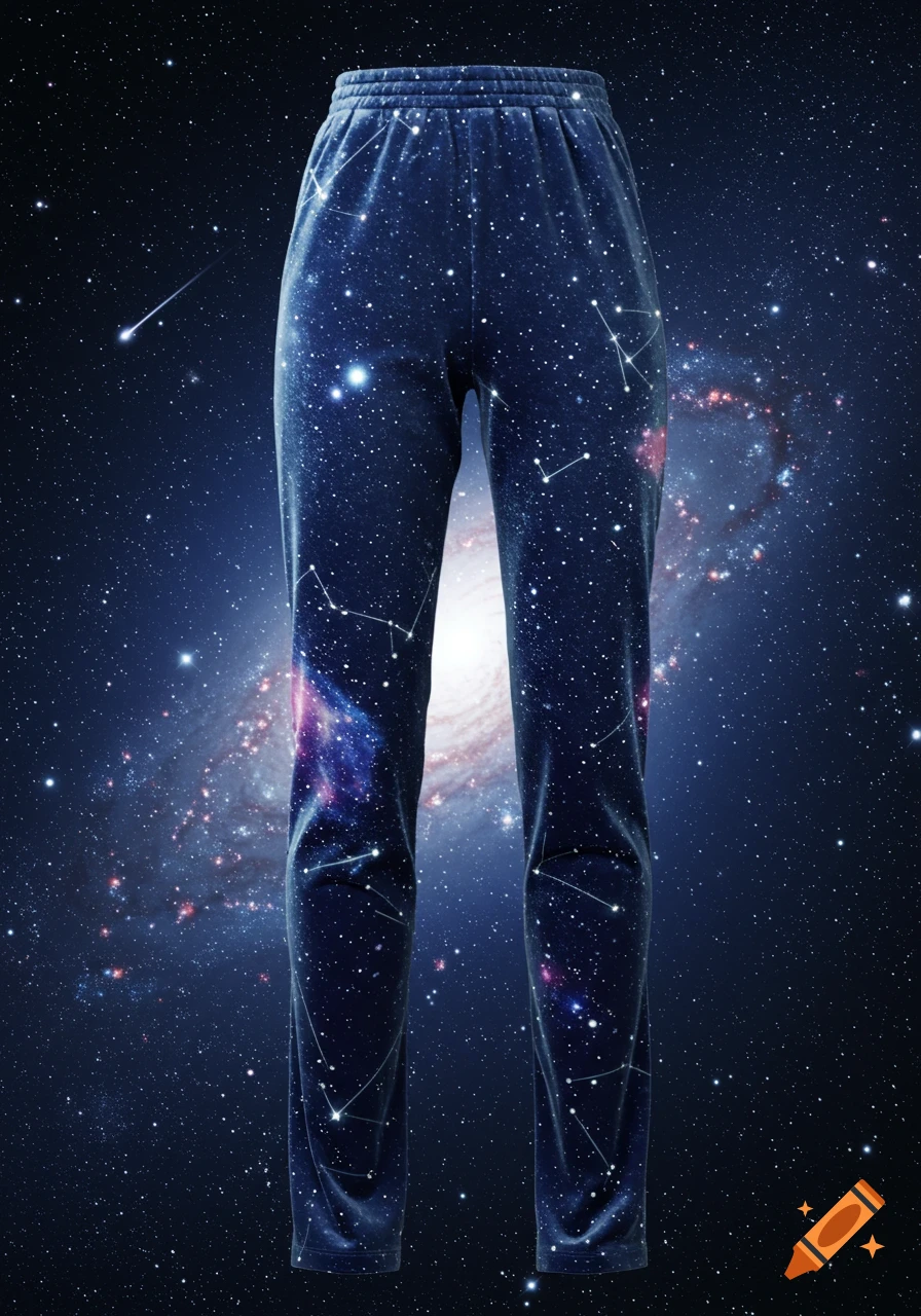 Blue velvet pants patterned with stars and constellations against a deep space background with a galaxy.