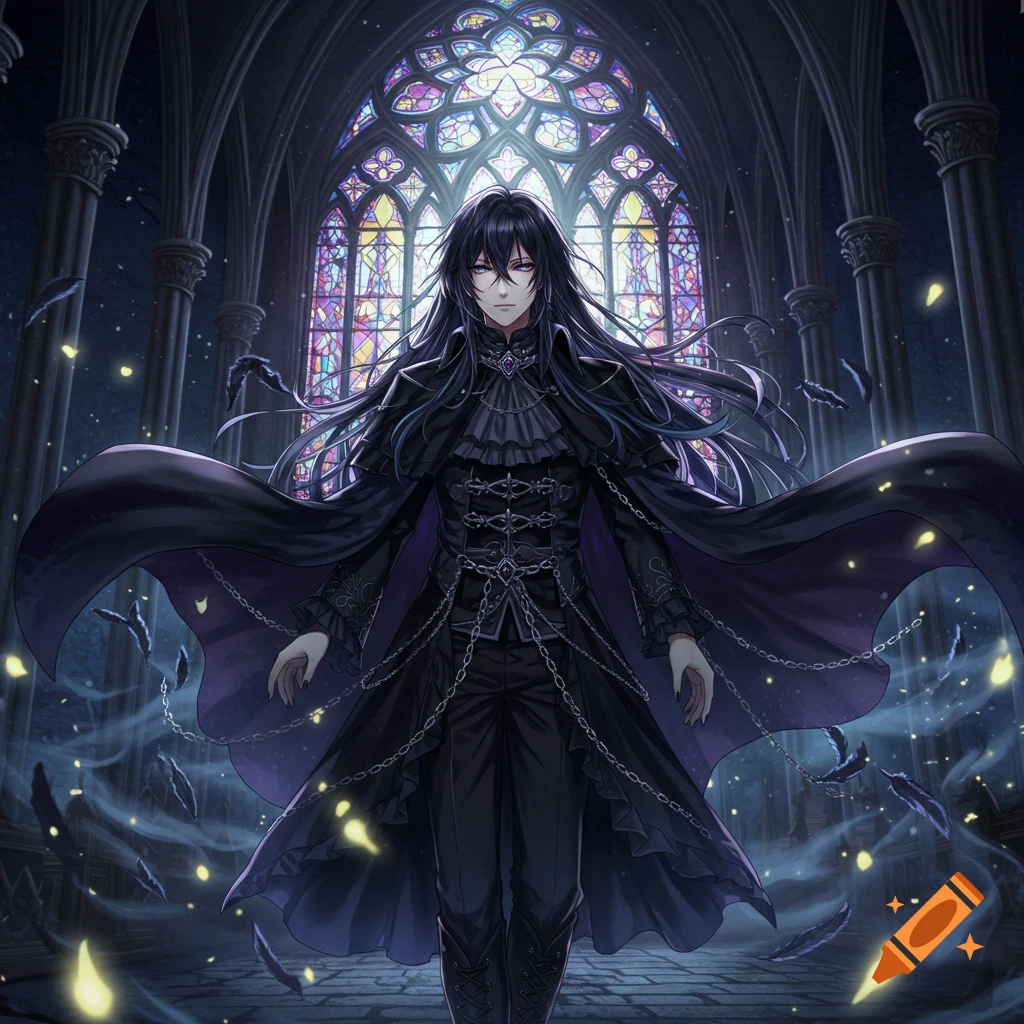 A gothic anime character with long black hair and a dark outfit stands in a dark cathedral with a large, colorful stained glass window.