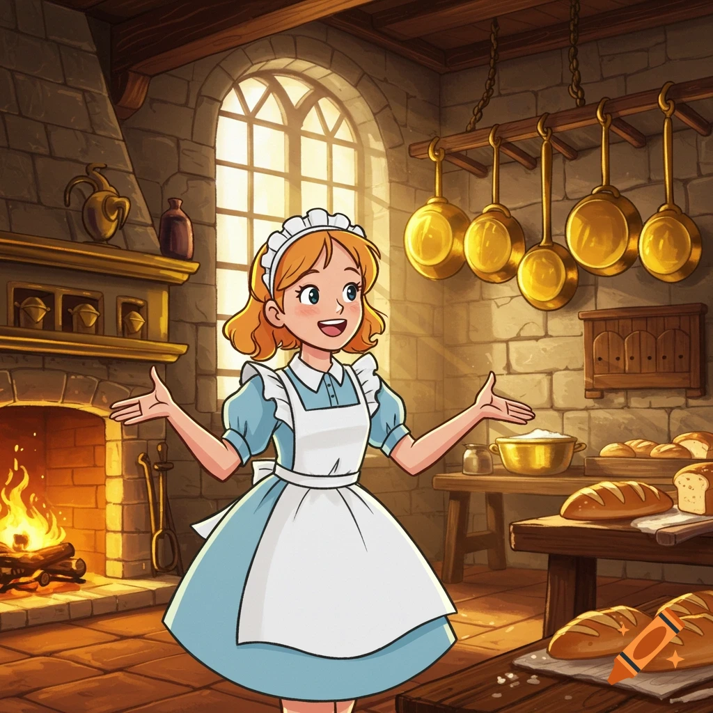 A cartoon servant girl with orange hair and a blue dress, wearing a white apron, stands in a rustic kitchen with a fireplace and baking supplies.