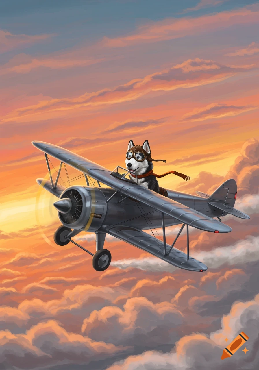 A cute husky dog wearing pilot goggles and a scarf flies a biplane through an orange sunset sky with clouds.
