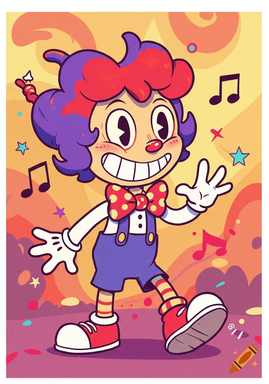 A cheerful, vintage-style cartoon character with red and purple hair, a clown nose, a bow tie, and overalls, dancing amidst musical notes and stars.