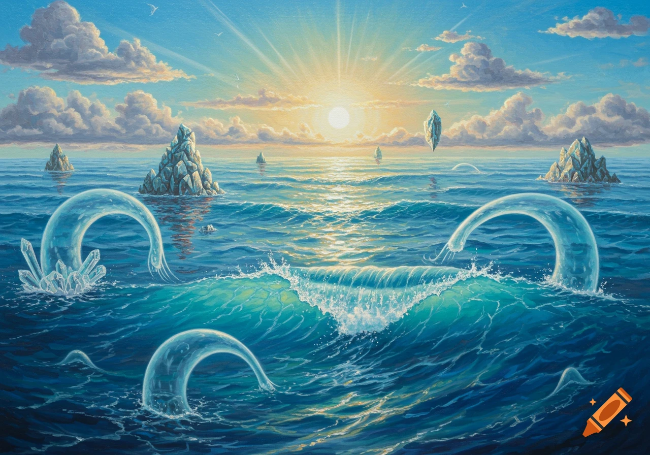 A vibrant, surrealist painting of an ocean scene at sunset, featuring towering ice formations and shimmering waves.