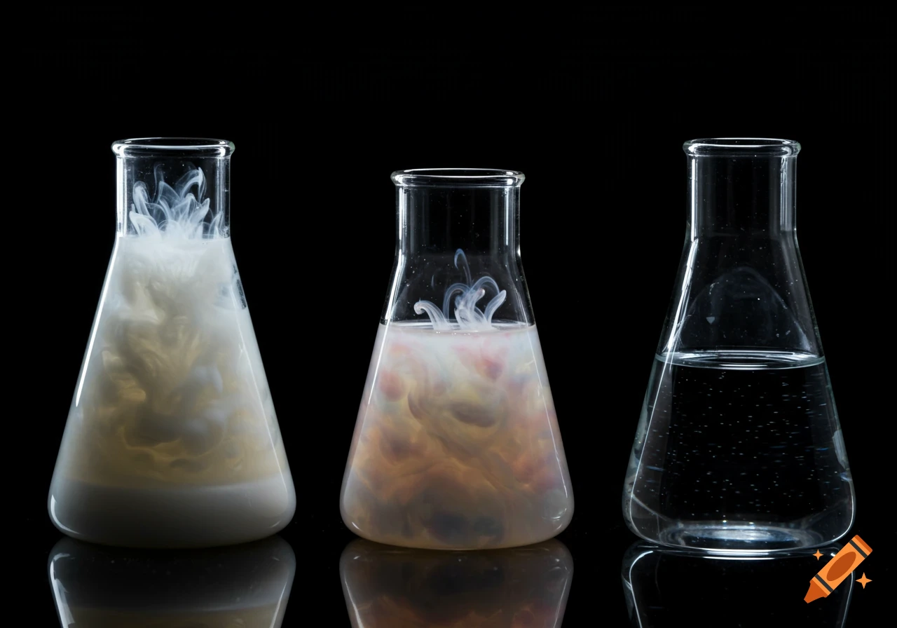Three laboratory beakers on a black background, containing liquids with varying cloudiness.