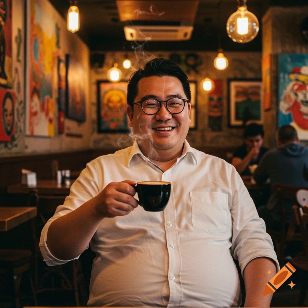 A smiling man with glasses holds a steaming coffee cup in a cafe.