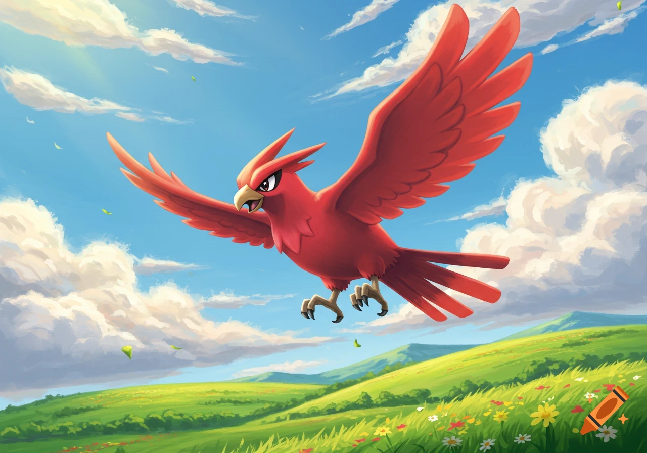 A vibrant red bird with large wings flies through a sunny blue sky above a lush green landscape with hills and flowers, in a cartoon style.