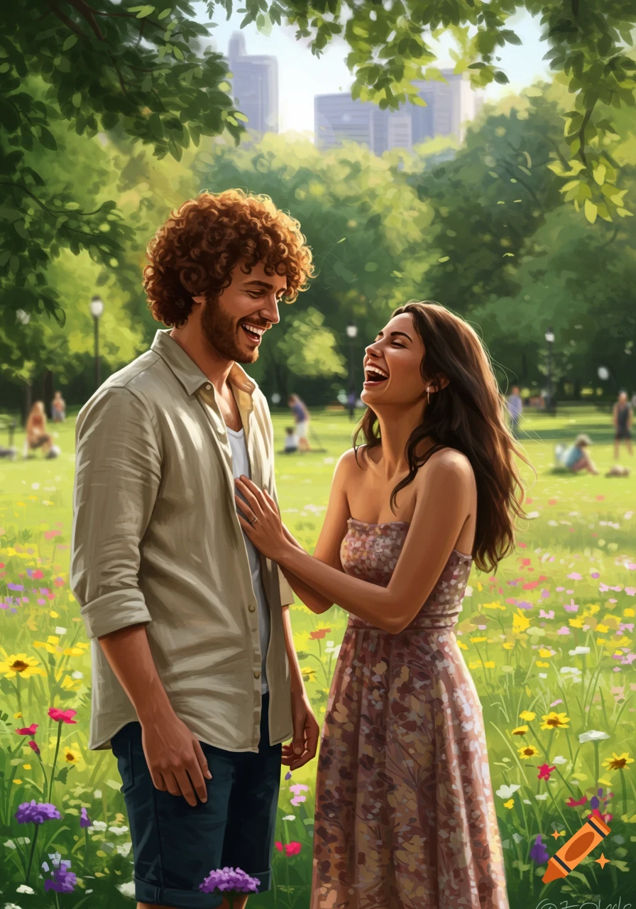 A happy man and woman laughing together in a sunny park filled with green grass and wildflowers, with city buildings in the distant background.