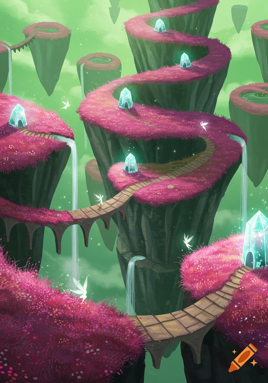 A vibrant fantasy landscape with pink and purple grassy floating islands, connected by bridges, featuring waterfalls, glowing crystals, and tiny white fairies under a green sky.