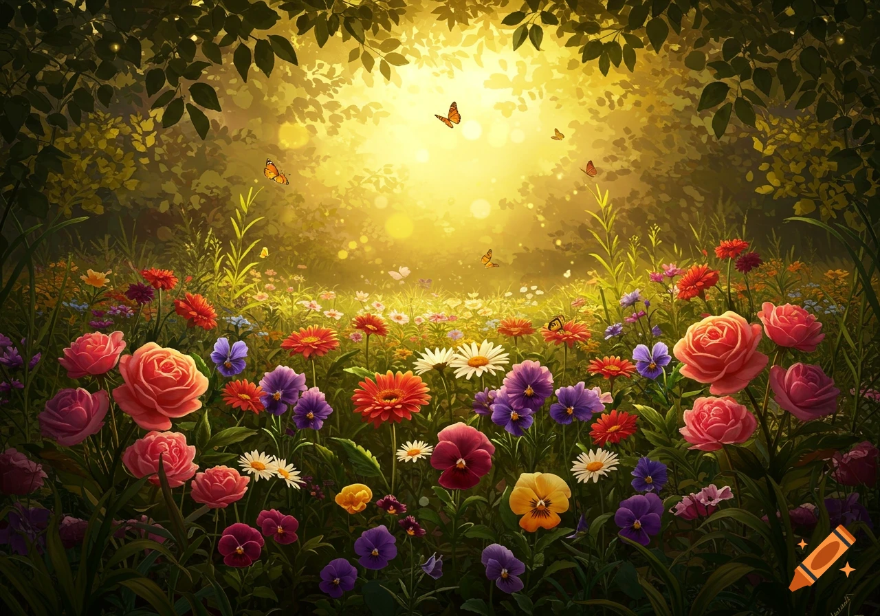 Vibrant flower bed with colorful roses, daisies, pansies, and butterflies under a sun-drenched forest canopy.