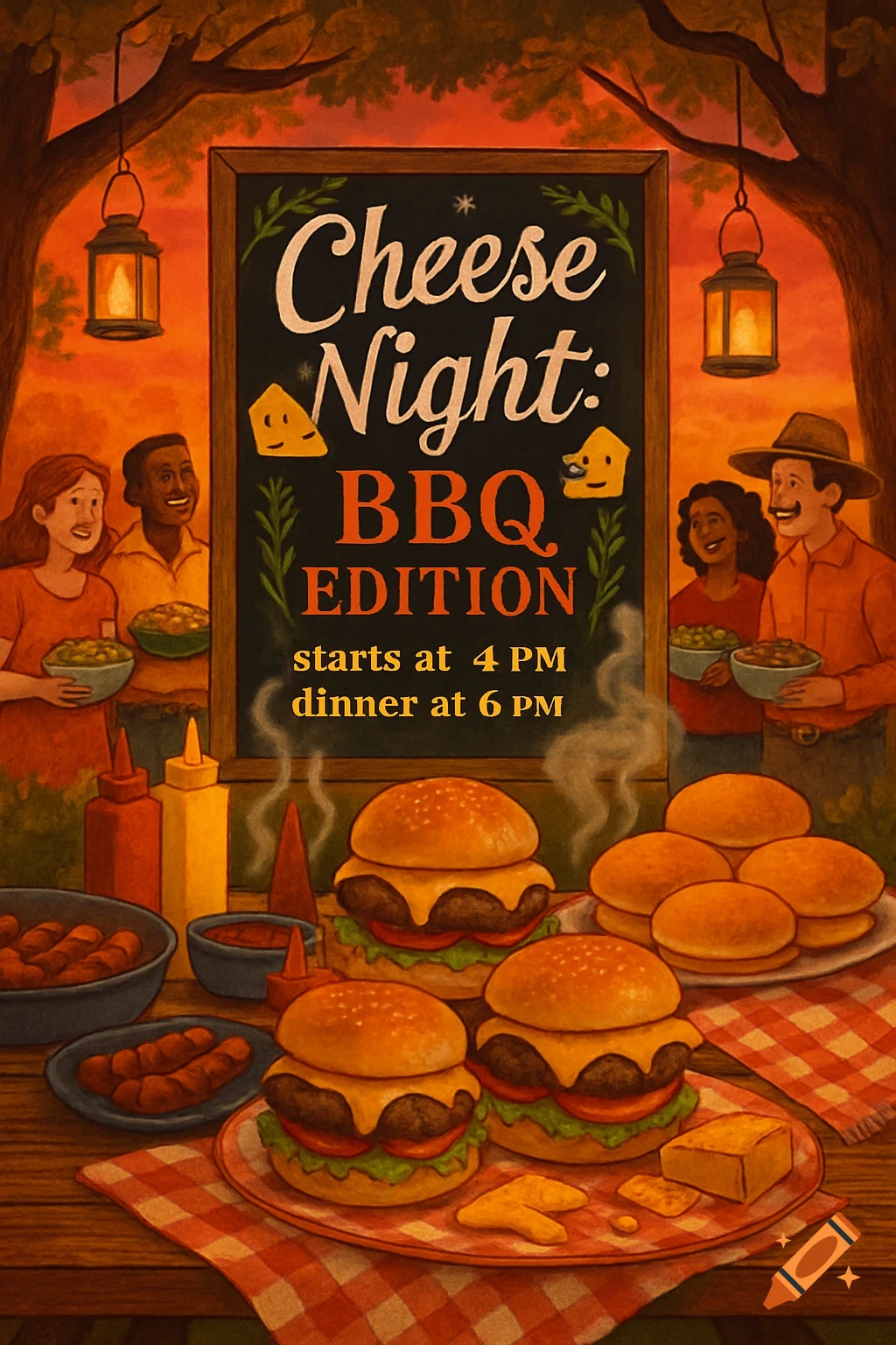 A stylized illustration of a BBQ invitation with a chalkboard sign, hamburgers, and people.