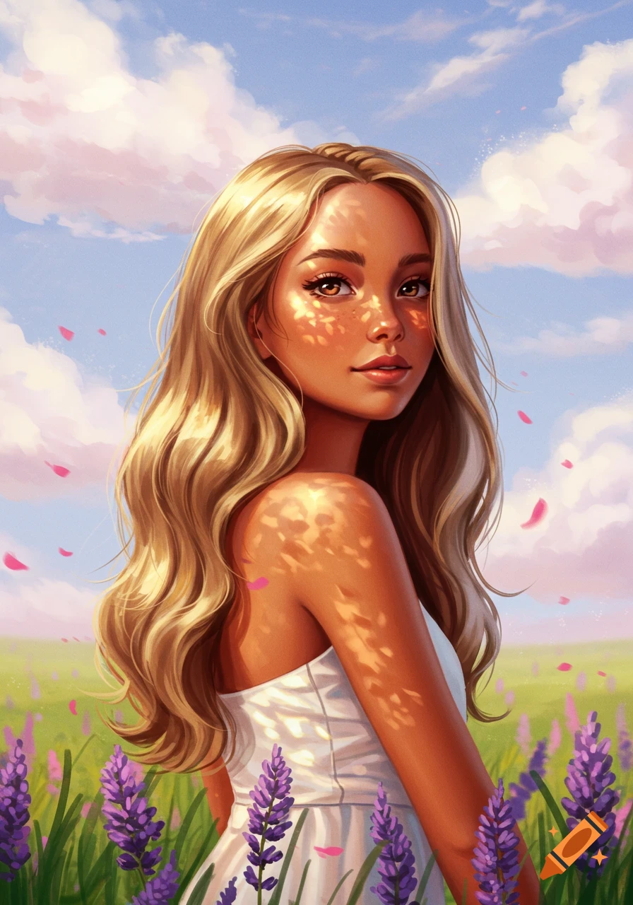 Digital painting of a woman with blonde hair in a white dress, standing in a field of purple flowers under a pink and blue sky, with dappled sunlight.