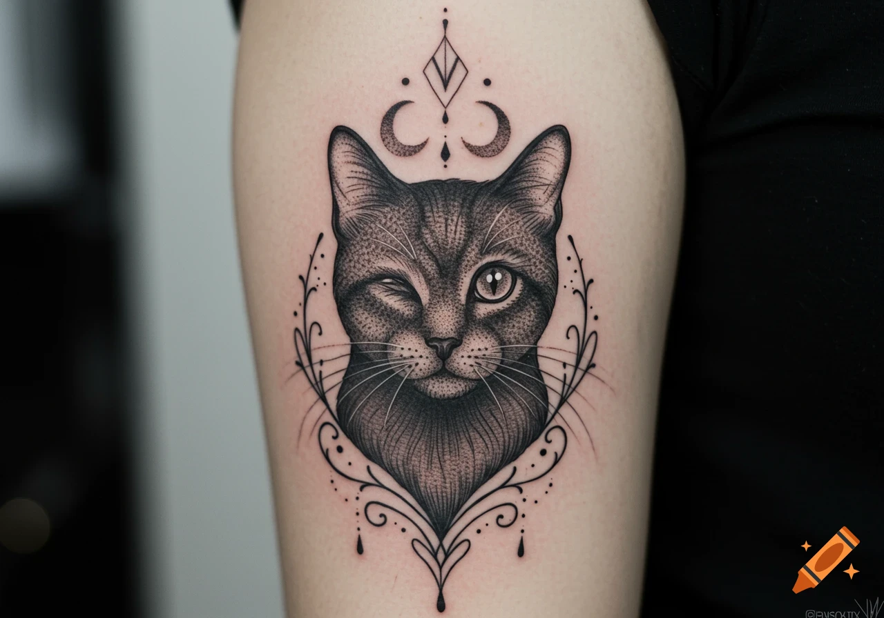 A detailed fine line black cat tattoo on an arm, featuring a winking cat surrounded by intricate ornamental patterns and crescent moons.