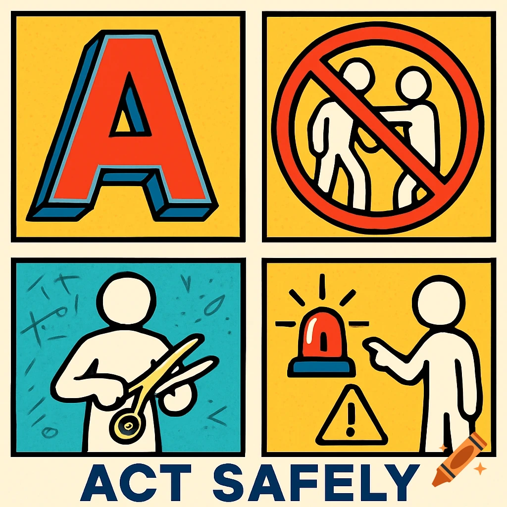 A four-pane safety graphic: a large letter 'A', a 'no pushing' symbol, a figure holding scissors, and a figure pointing at a siren and warning sign. Text 'ACT SAFELY' below.