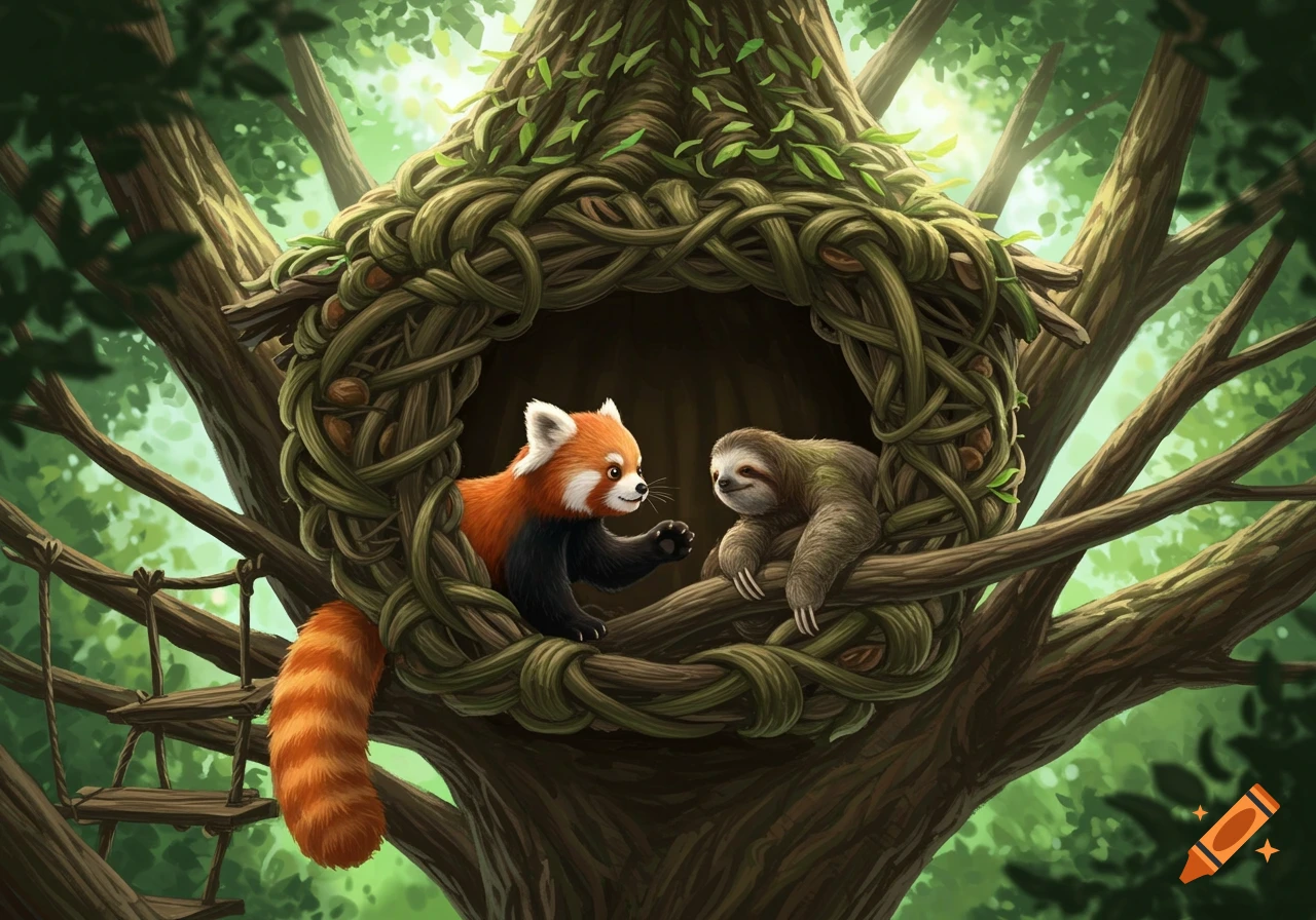 A red panda reaches out to a sloth inside a whimsical treehouse woven from vines and branches in a lush forest.