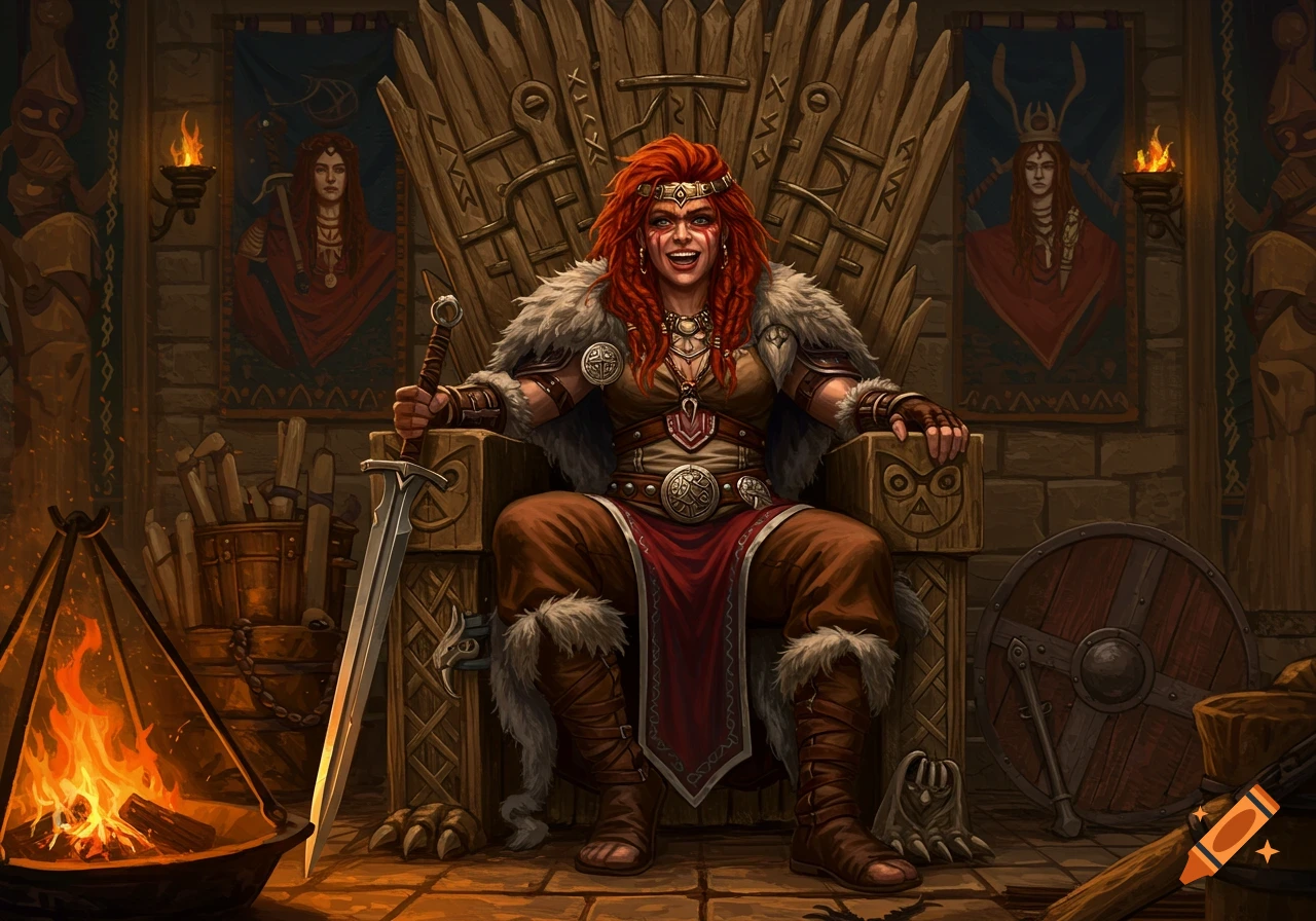 A powerful barbarian queen with vibrant red hair and war paint sits happily on a wooden throne, holding a sword in a medieval hall.