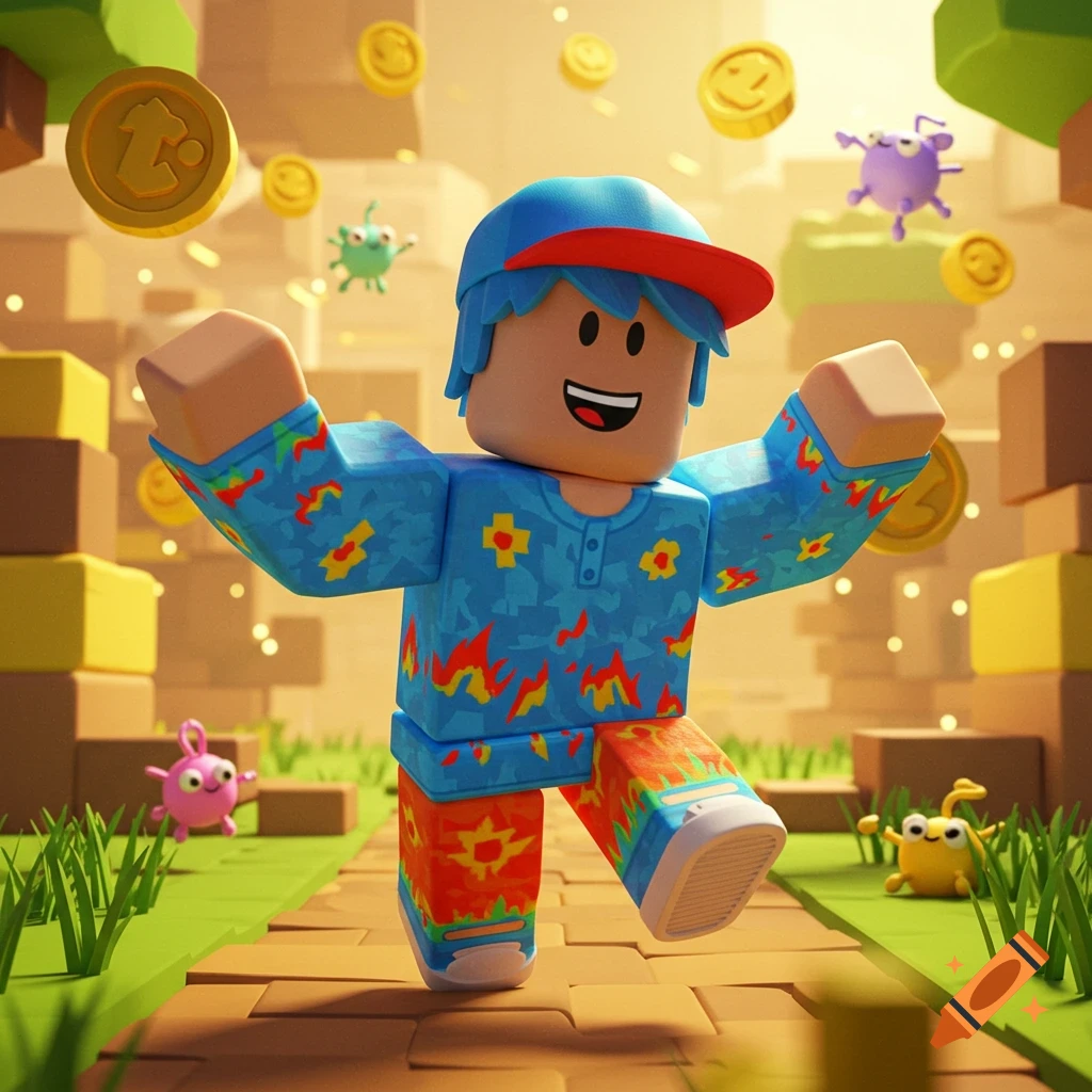 A smiling Roblox-style character runs through a blocky, game-like world with floating coins and creatures.