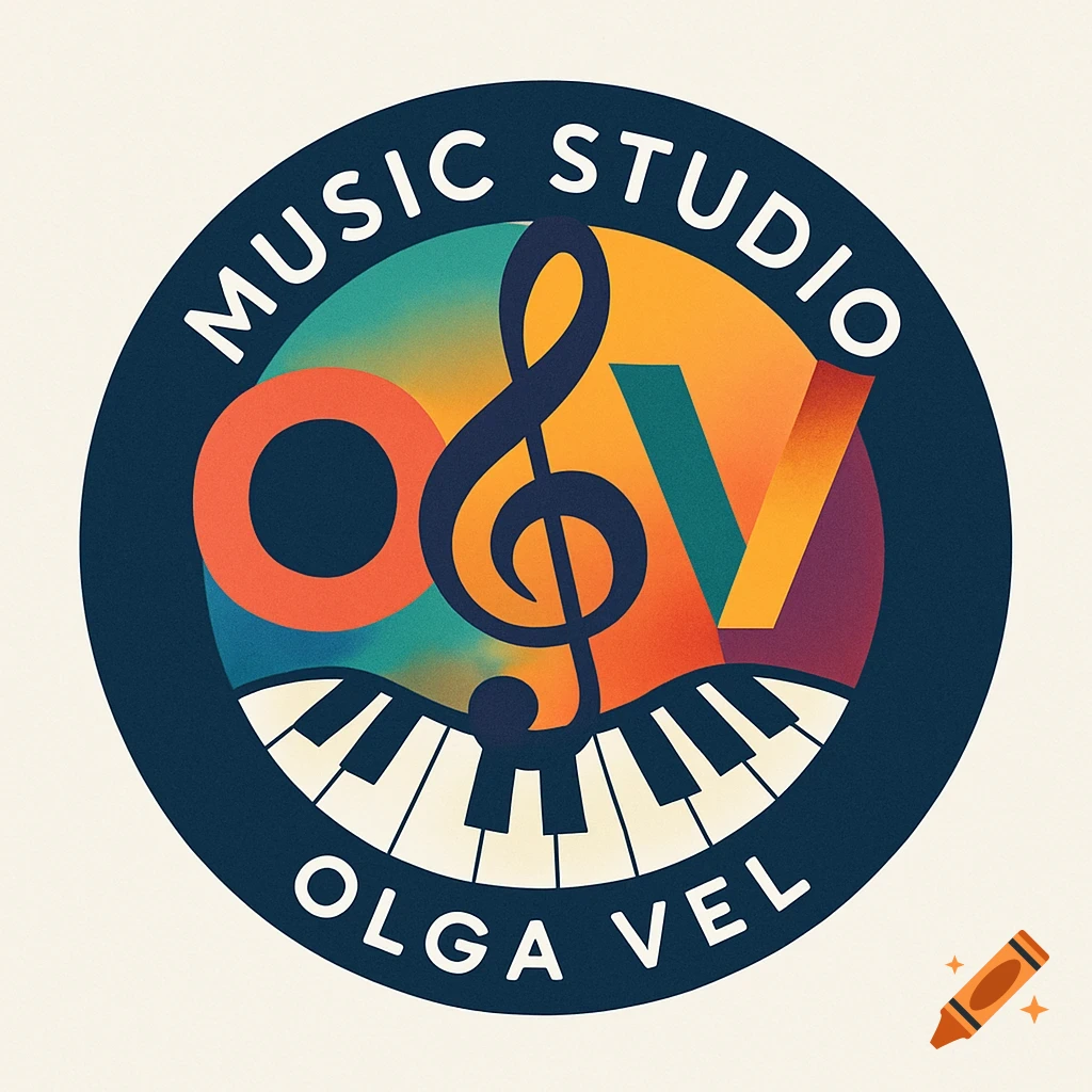 A round, colorful logo for Olga Vel Music Studio featuring a treble clef, piano keys, and gradient background.