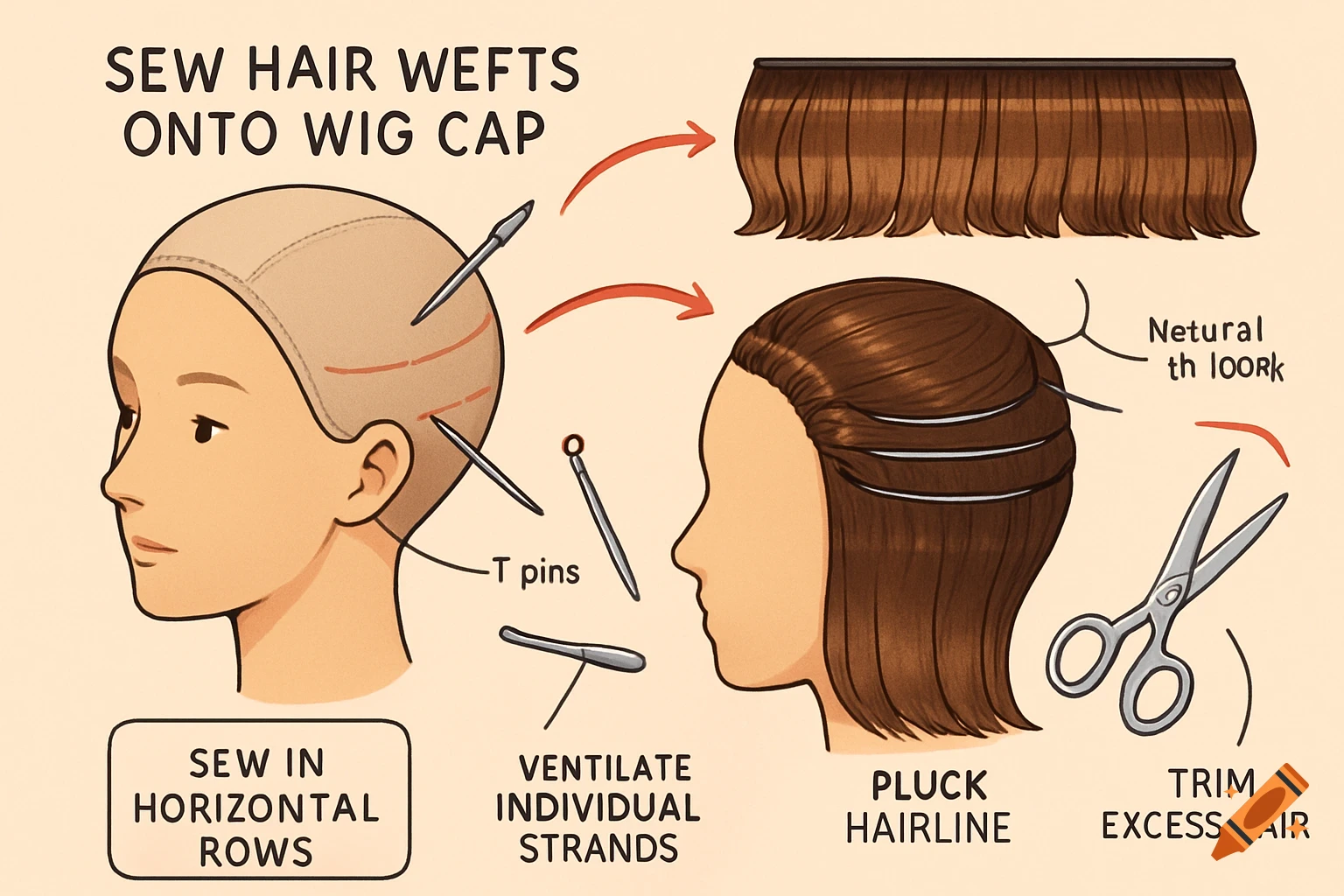 A clear diagram illustrating the process of sewing hair wefts onto a wig cap, showing a wig cap on a head, hair wefts, and tools like T-pins and scissors, with labels for different steps.