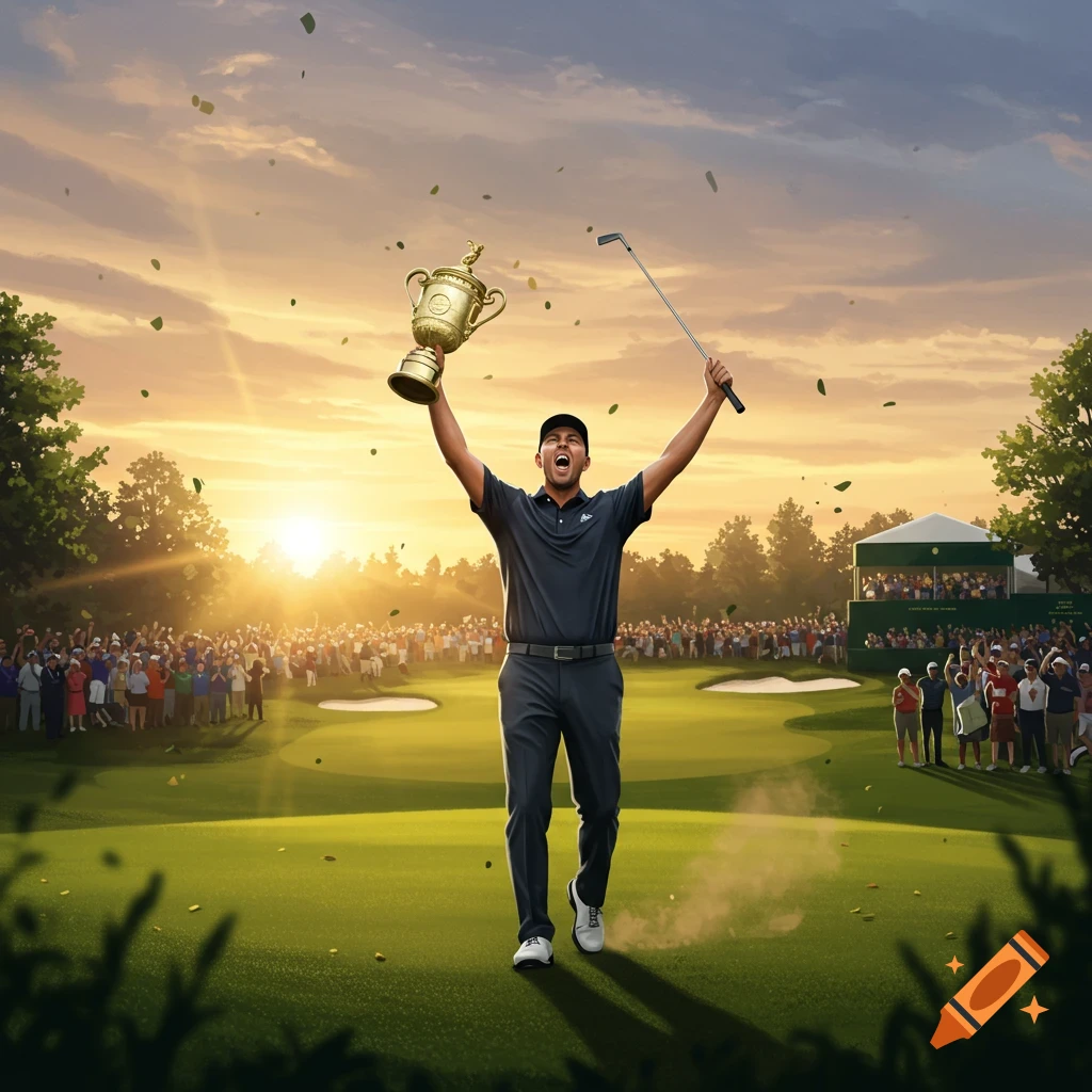 A triumphant golfer in a dark polo shirt and pants raises a golden trophy and golf club on a green course at sunset, cheered by a crowd.