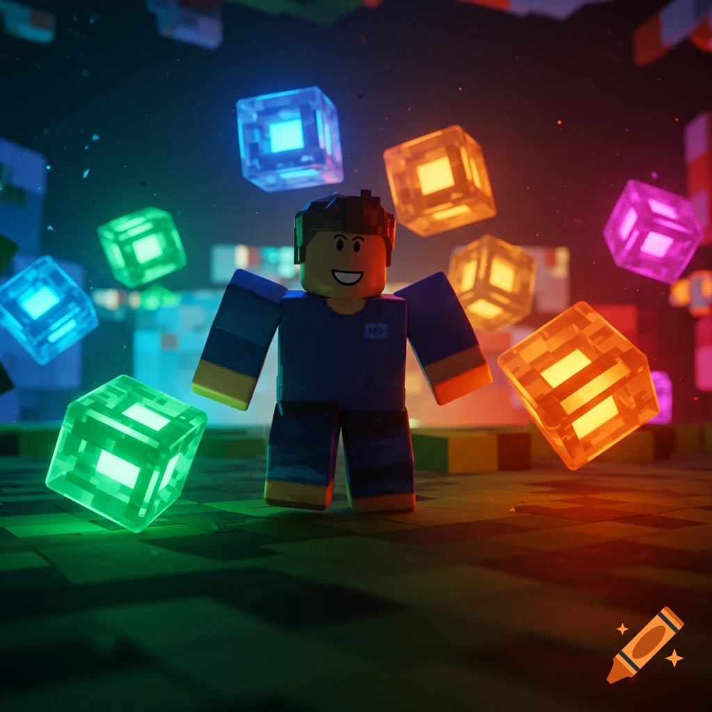 Roblox noob character standing among floating, glowing, colorful cubes in a dark, pixelated environment.