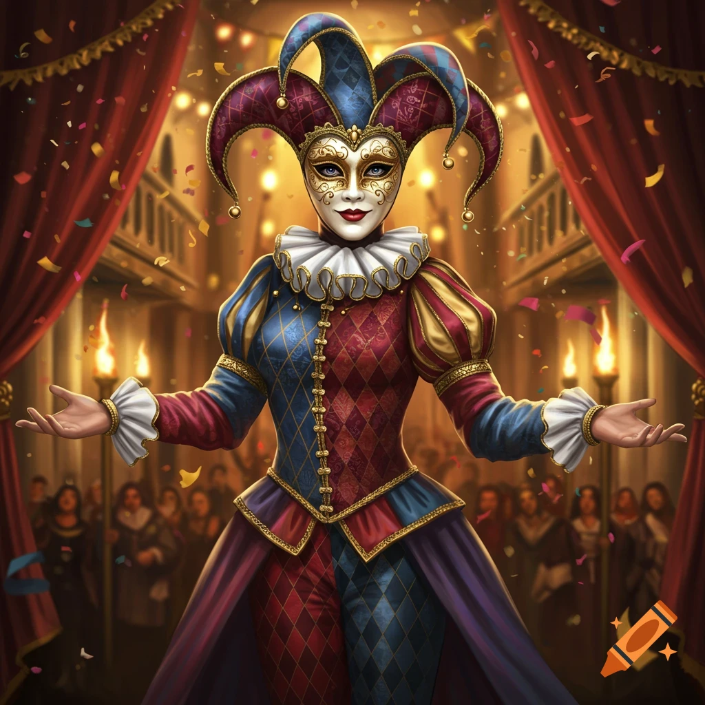 A person wearing a colorful jester costume and a golden Venetian mask stands with open arms amidst falling confetti in a grand hall.