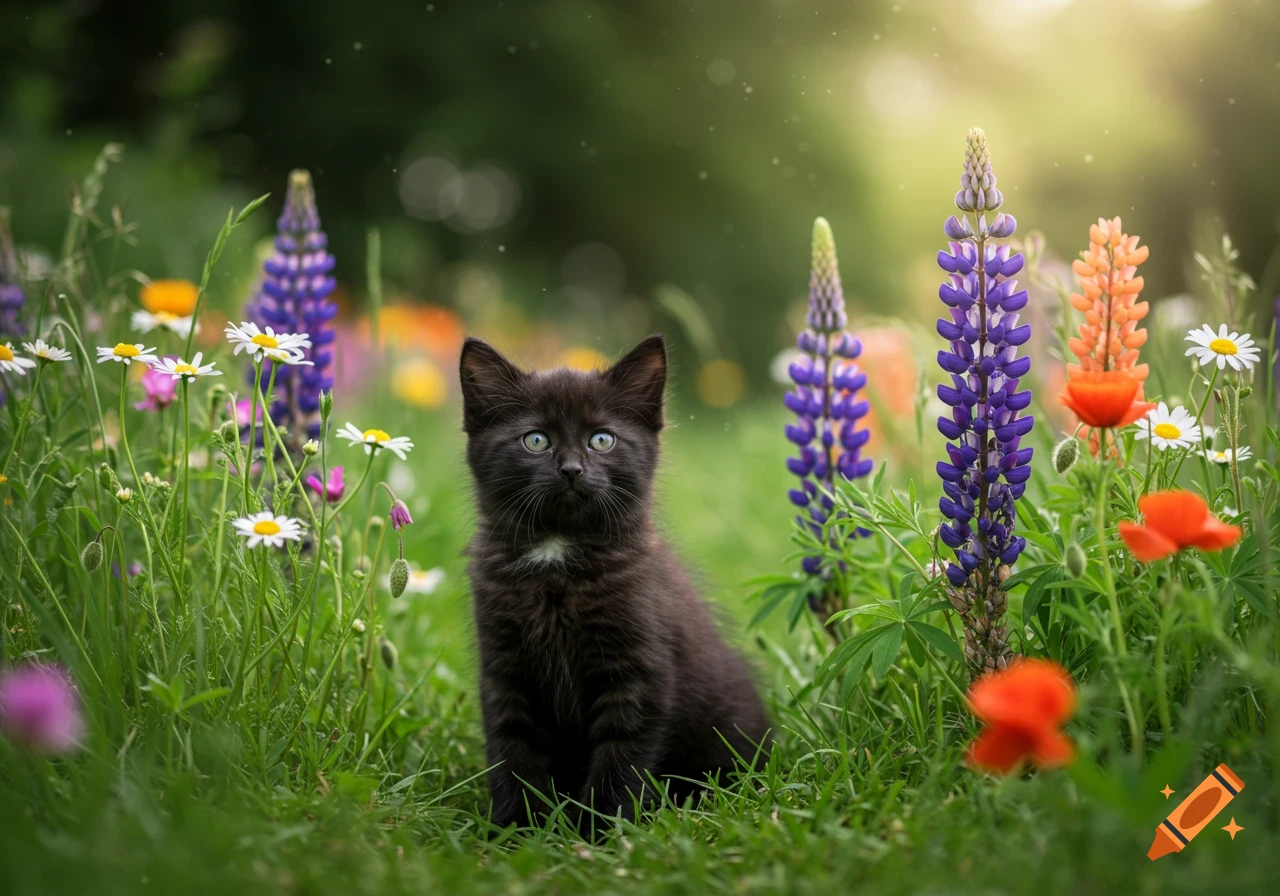 A black kitten with striking green eyes sits in a vibrant field of colorful wildflowers, including purple lupines and white daisies.