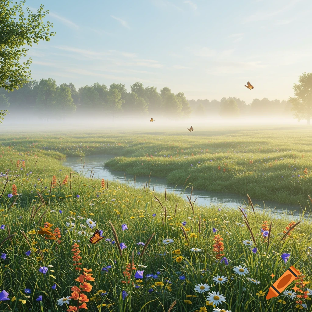 A serene meadow with a winding stream, colorful wildflowers, and butterflies flying under a misty, bright sky.