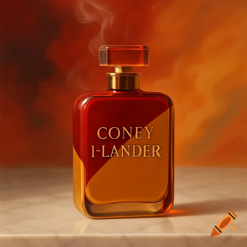 A red and mustard yellow perfume bottle with the brand 'Coney I-Lander' on a marble surface, with a smoky effect above.