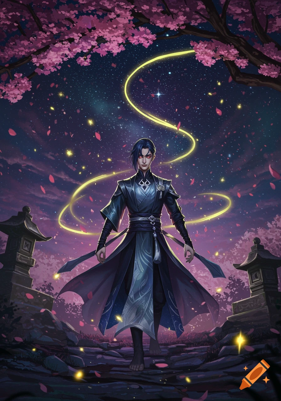 A blue-haired character with red eyes stands under a cherry blossom tree at night, surrounded by glowing lines and falling petals, in a fantasy art style.