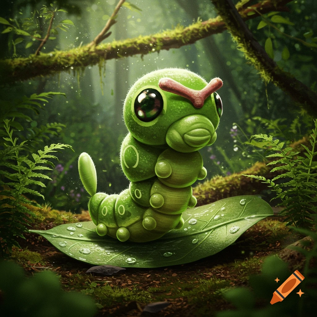 A realistic depiction of a green Caterpie with large black eyes sitting on a dew-covered leaf in a lush forest.