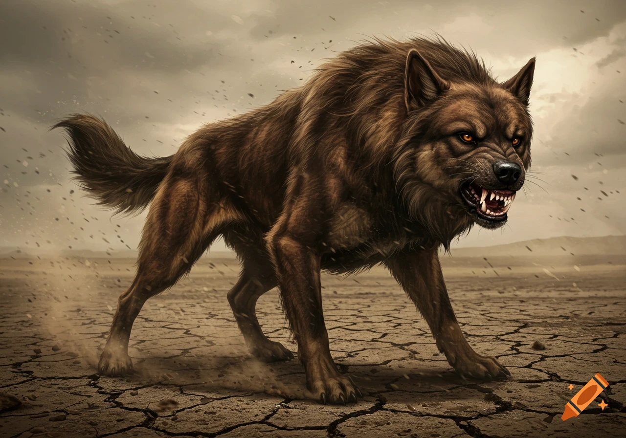A fierce brown wolf-like creature with orange eyes snarls and bares fangs, walking on cracked desert ground under a stormy sky.