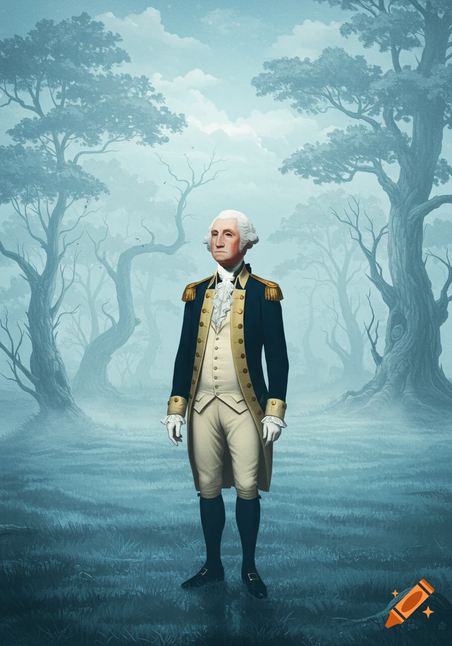 Stylized illustration of George Washington standing in a misty blue forest.