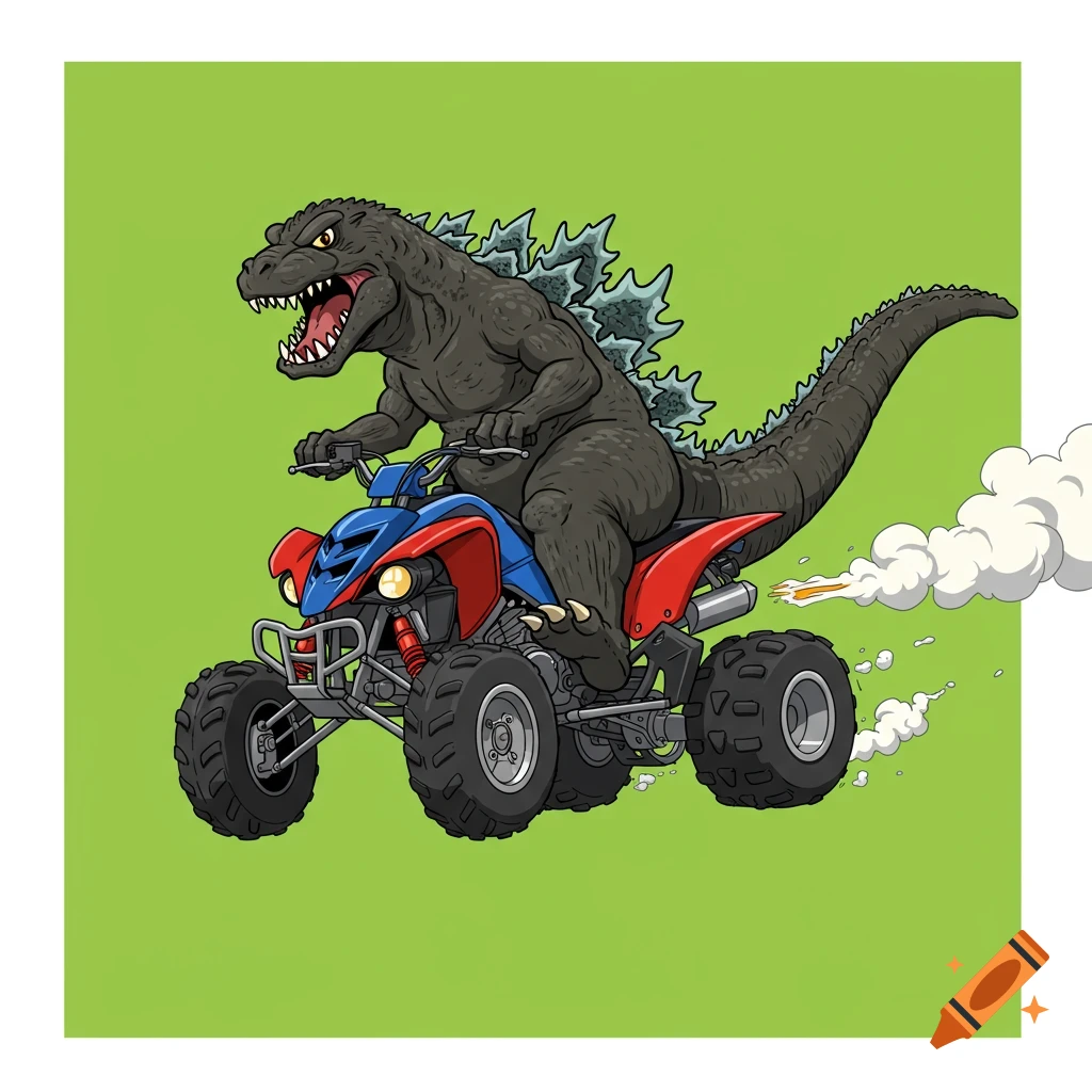 Cartoon Godzilla riding a red and blue quad, with smoke coming from the exhaust, on a green background.