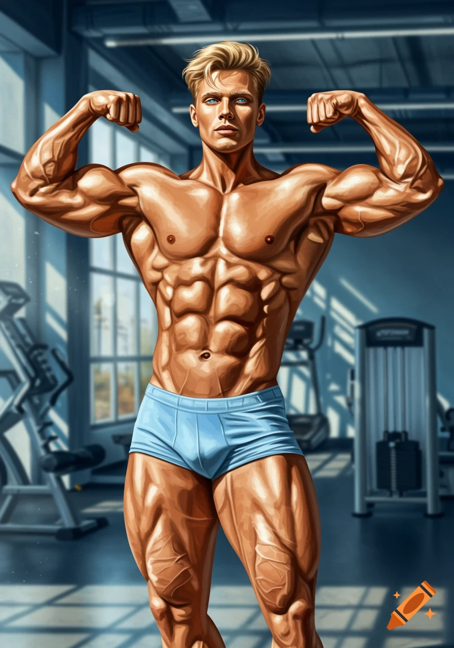 A hyper-muscular blond man in blue shorts flexing his biceps in a gym, digital art.