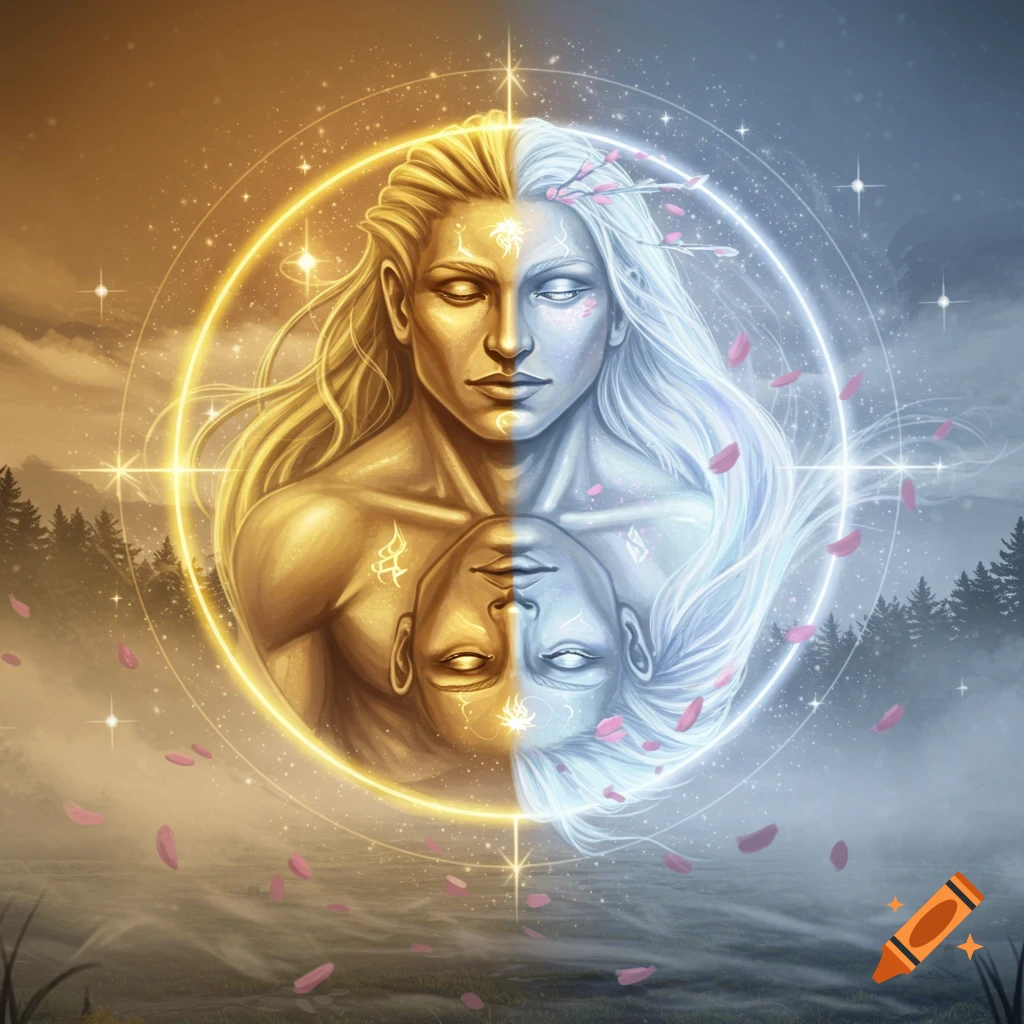Fantasy art of two faces, one gold and one silver, forming a yin-yang symbol within a glowing circle, over a mystical landscape.